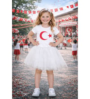 KIZ ÇOCUK TÜRK BAYRAKLI TİŞÖRT , TÜTÜ ETEK KOMBİNİ , 23 NİSAN 29 EKİM ETKİNLİK GÖSTERİ KIYAFETİ (Beyaz - Beyaz)