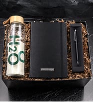 Kişiye Özel Siyah Defter & Siyah Touch Pen Kalem & Bambu Kapaklı Cam Matara Hediye Seti