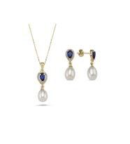 Damla Safir Doğal İnci Sallantı Küpe Kolye İkili Set (Sarı)