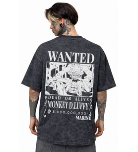 Wanted Monkey D. Luffy One Piece Anime Sırt Baskılı Unisex Oversize Eskitme Yıkamalı Tişört