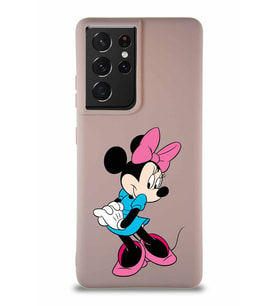 Samsung Galaxy S21 Ultra Soft Premier Kapak Minnie Mouse-F Tasarımlı Silikon Kılıf - Pudra (Şeffaf)
