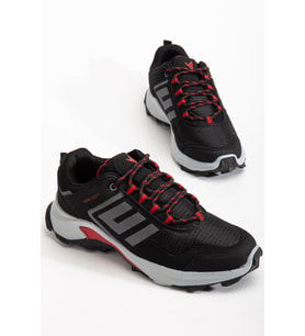 Erkek Treking Spor Ayakkabı Sİyah Kırmızı İthal Su Geçirmez Bağcıklı