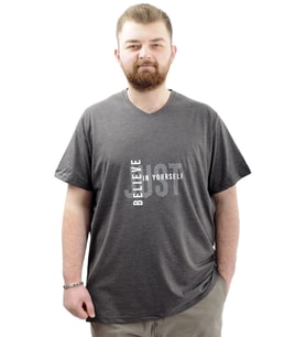 Mode XL Büyük Beden Erkek T-Shirt V Yaka Baskılı BELIEVE U24054 Antrasit