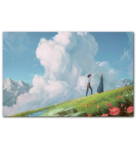 Cakatablo Howls Moving Castle Aşıklar Çiçekler Bulut Görseli MDF Tablo