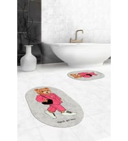 EVDEYA Dijital Yıkanabilir Ayıcık Desen İkili Banyo Halısı Paspas Oval Klozet Takımı, OKLOZET-34-GRİ, (Gri)