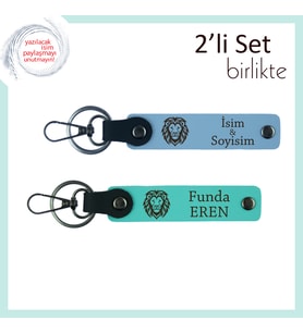 Tarz Sahibi Babaya Özel Armağan, Aslan Motifli 2’li Deri Anahtarlık Takımı, Gök Mavi-Turkuaz