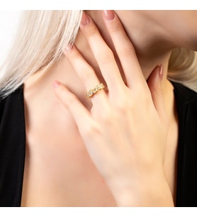 Beyaz Zirkon Taşlı Asimetrik Tasarım Gold Renk Free Size 925 Ayar Gümüş Kadın Yüzük