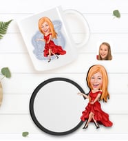 BK Gift Kişiye Özel Kadın Manken Karikatürlü Beyaz Kupa ve Ahşap Bardak Altlığı Hediye Seti-1