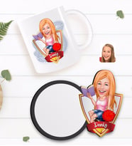 BK Gift Kişiye Özel Kadın Öğrenci Karikatürlü Beyaz Kupa ve Ahşap Bardak Altlığı Hediye Seti-1