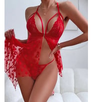 Intive Kalp Desenli Asimetrik Kesim Transparan Kırmızı Gecelik String Takım-3666