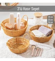 Porsima 304-B Yuvarlak 3'lü Hasır Sepet Dekoratif Ev Düzenleyici Kendinden Kulplu Hasır Sepet Seti Banyo Düzenleyici Sepet