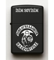 Sons of Halloween Desenli Kişiye Özel İsimli Siyah Benzinli Metal Çakmak