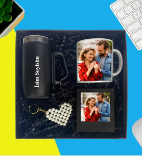 Kişiye Özel Premium Kutu Kulplu Termos Bardak Fotoğraflı Kupa Bardak İnci Kalp Anahtarlık Masaüstü Siyah Çerçeve