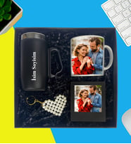 Kişiye Özel Premium Kutu Kulplu Termos Bardak Fotoğraflı Kupa Bardak İnci Kalp Anahtarlık Masaüstü Siyah Çerçeve