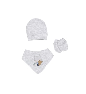 Yenidoğan Bebek Şapka Eldiven Fular önlük 3 Lü Set (Gri)