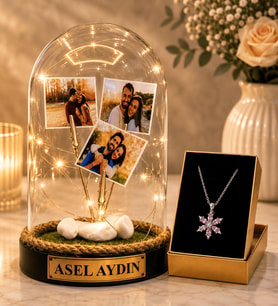 Kişiye Özel 3 Fotoğraflı LED Işıklı Fanus ve Gerçek Pembe Ametist Taşlı Lotus Kadın Kolye Hediye Seti (HA1)