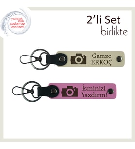Kamerayla Başlayan Hikâye, İsme Özel, Fotoğraf Makinesi Desenli Anahtarlık Seti, Sütlü Kahve-Pembe