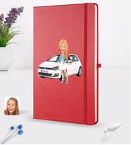 BK Gift Kişiye Özel Plakalı Kadın Volkswagen Golf Karikatürlü Kırmızı Termo Deri Defter 16x24cm Model 1