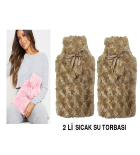 SICAK SU TORBASI 2 ADET,PONPONLU TERMOFOR PELUŞ BEJ  28x17CM 750ml