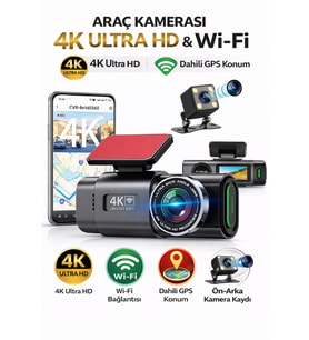 4K Araç Kamerası Çift Lens Ön-Arka - Wi-Fi GPS Park Modu Gece Görüşlü Araç içi Kamera L308 Dash Cam