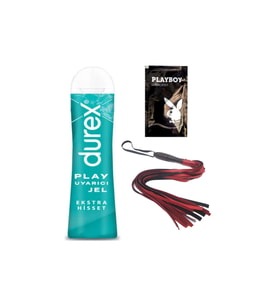 Durex Play Ekstra Hisset Bay Bayan Uyarıcılı Jel 50 ml + Kırmızı Püsküllü Deri Kırbaç + Hediye