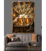 Vintage Prost Cheers Bira Afişi Dekoratif Kanvas - Mdf Ahşap Tablo