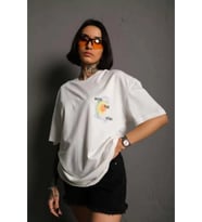 Unisex Bisiklet Yaka Baskılı Oversize T-Shirt - Beyaz