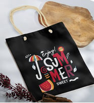 BK Gift Yaz Temalı Siyah Halat Saplı Kumaş Plaj Çantası -14, Baskılı Omuz Çantası, Alışveriş Çantası, Arkadaşa Hediye, Sevgiliye Hediye