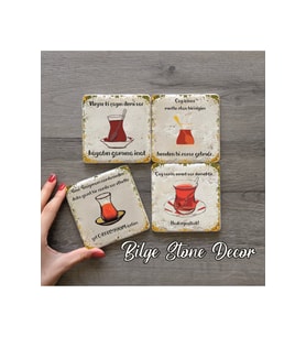 BİLGE Stone decor Çayla Ilgili Güzel Sözler Temalı Taş Bardak Altlığı 4'lü Set 10x10x1 Cm desenli