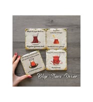 BİLGE Stone decor Çayla Ilgili Güzel Sözler Temalı Taş Bardak Altlığı 4'lü Set 10x10x1 Cm desenli