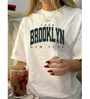 Kadın Tişört Bisiklet Yaka Brooklyn Baskılı Kısa Kollu T-shirt - Beyaz
