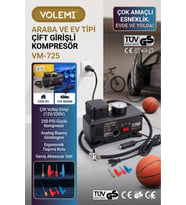 Volemi Vm-725 Çift Girişli 12v/220v 250 Psı Ev Ve Araç Uyumlu Hava Kompresörü Lastik Şişirme Pompası