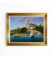Tablore İstanbul Manzaralı Gold Çerçeveli Kanvas Tablo Nostaljik Vapur Ve Cami Temalı Salon Duvar Dekoru