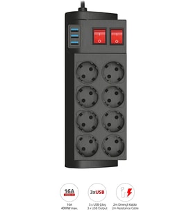 Termal Akım Korumalı USB 2.1A Şarj Çıkışlı 8’li Uzatma Prizi – 2 Metre  16A 4000W Güç Dağıtıcı Grup Priz 3411 (Siyah)