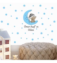 Kişiye Özel İsimli Ay Üzerinde Uyuyan Sevimli Ayıcık, Yıldızlar ve Puantiyeler Duvar Sticker Seti - 6 Renk Seçenekli Bebek ve Çocuk Odası Dekorasyonu (Mavi)