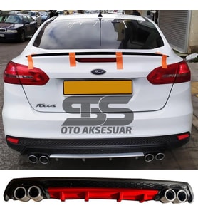 Ford Focus 3 Difüzör Arka Tampon Eki 4 Egzoz Çıkışlı Kırmızı Lüx Tip