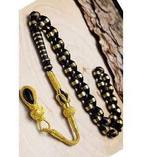 Altın Kaplama Gümüş Kazaz Püsküllü 7x11mm Işlemeli Kuka Tesbih (Siyah)