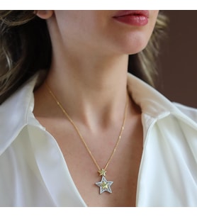 Stars Baget Taşlı Gold Gümüş Kolye