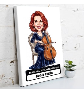 Viyolonsel Sanatçısına Hediye Kadın Karikatürlü Kanvas Tablo