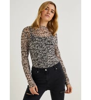 Lupinn Moda Kadın Desenli Transparan Tül Body  Uzun Kollu Esnek İnce Fit  Leopar & Zebra Desen - Y (Kahverengi)