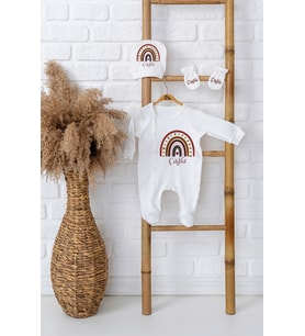 Pia Baby Premium %100 Pamuk İsimli Kız Bebek Tulumu Şapka ve Eldiven Yenidoğan Hediye Seti 5035-09 (Ekru)