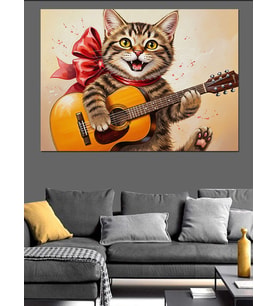 Gitar Çalan Şarkıcı Kedi Dekoratif Kanvas - Mdf Ahşap Tablo
