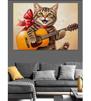 Gitar Çalan Şarkıcı Kedi Dekoratif Kanvas - Mdf Ahşap Tablo