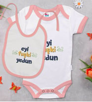 BK Kids Eyi Fuşki Yedun Tasarımlı Pembe Bebek Body Zıbın ve Mama Önlüğü Hediye Seti-1