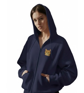 Kadın Sarman Kedi Baskılı Tam Boy Fermuarlı Oversize Hoodie (Lacivert)