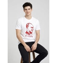 Erkek Atatürk Baskılı Tişört Kısa Kollu Bisiklet Yaka T-Shirt - Beyaz