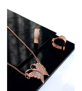 Gümüş Zirkon Taşlı Gold Kelebek Tasarım Kolye Kalp Küpe Trend Kadın Set Doğum Günü Hediye