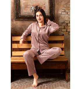 Sude Kadın Kışlık Gömlek Yaka Kadife Çizgili Pijama Takımı P200/840 - 1 Adet (Pembe)