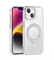 iPhone 13/14 Kılıf Pırlanta Taş Tasarımlı M-safe Şarj Özellikli Karetta Silikon Kapak (Gümüş)