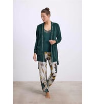 pilelistore Kadife Sabahlık, Dantelli Atlet Ve Desenli Pantolon Pijama Takımı (Koyu Yeşil)